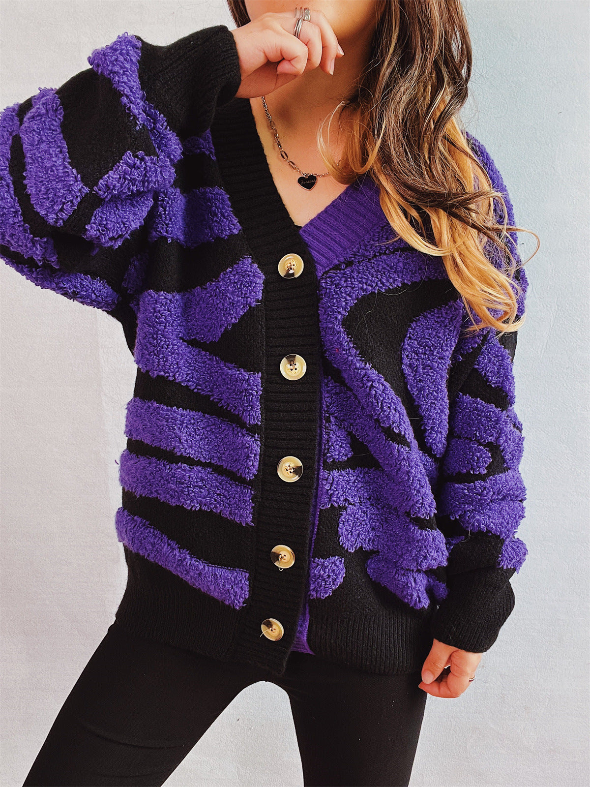 Contrast Button Up Long Sleeve Cardigan Purple One Size