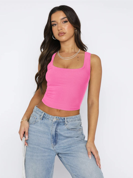 Square Neck Wide Strap Tank Hot Pink