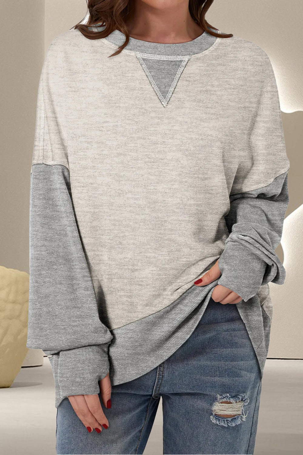 Women's Contrast Crewneck Sweatshirt Light Gray