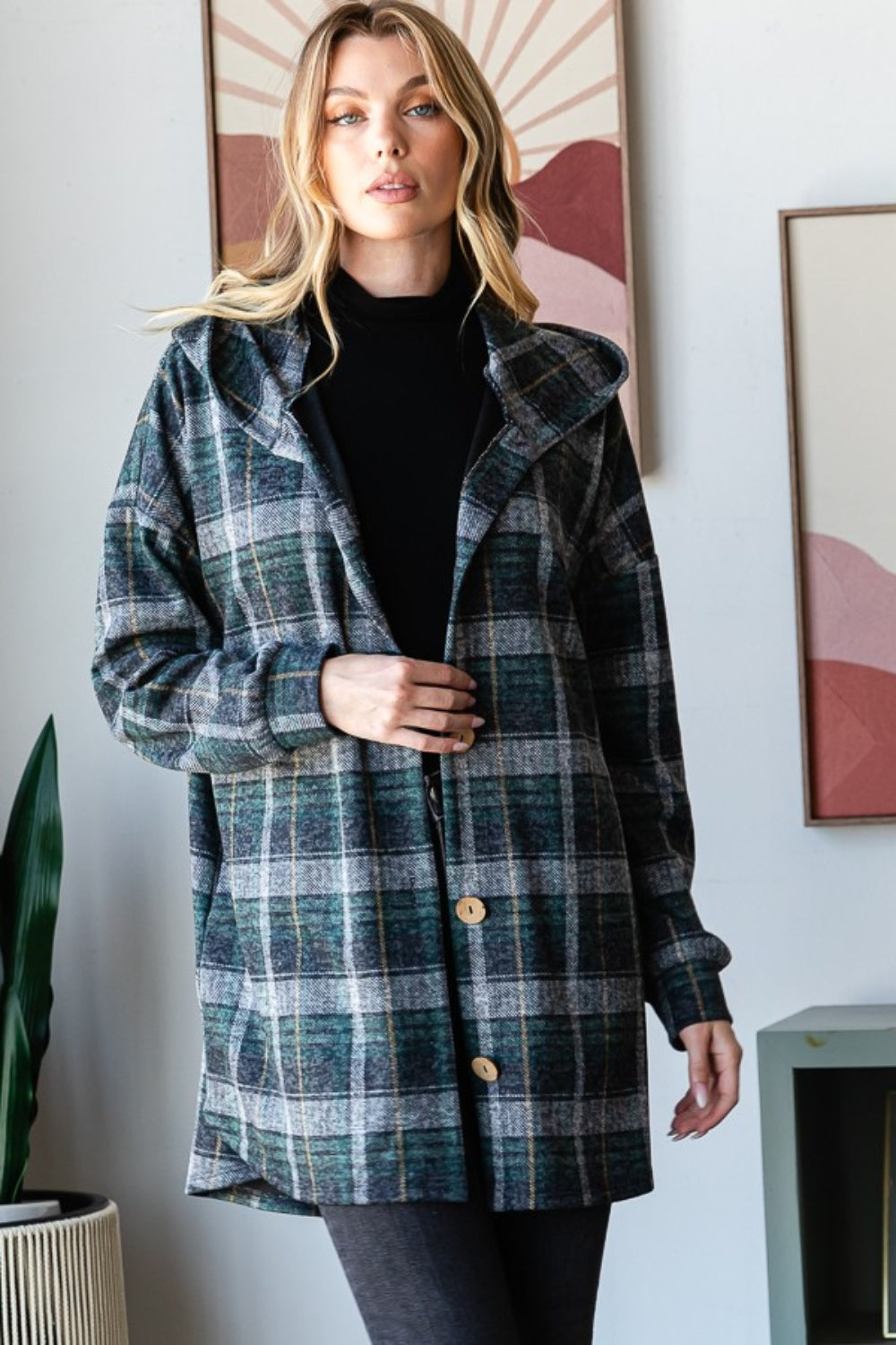 Heimish Plaid Button Down Long Sleeve Hooded Cardigan Hunter Green Multi