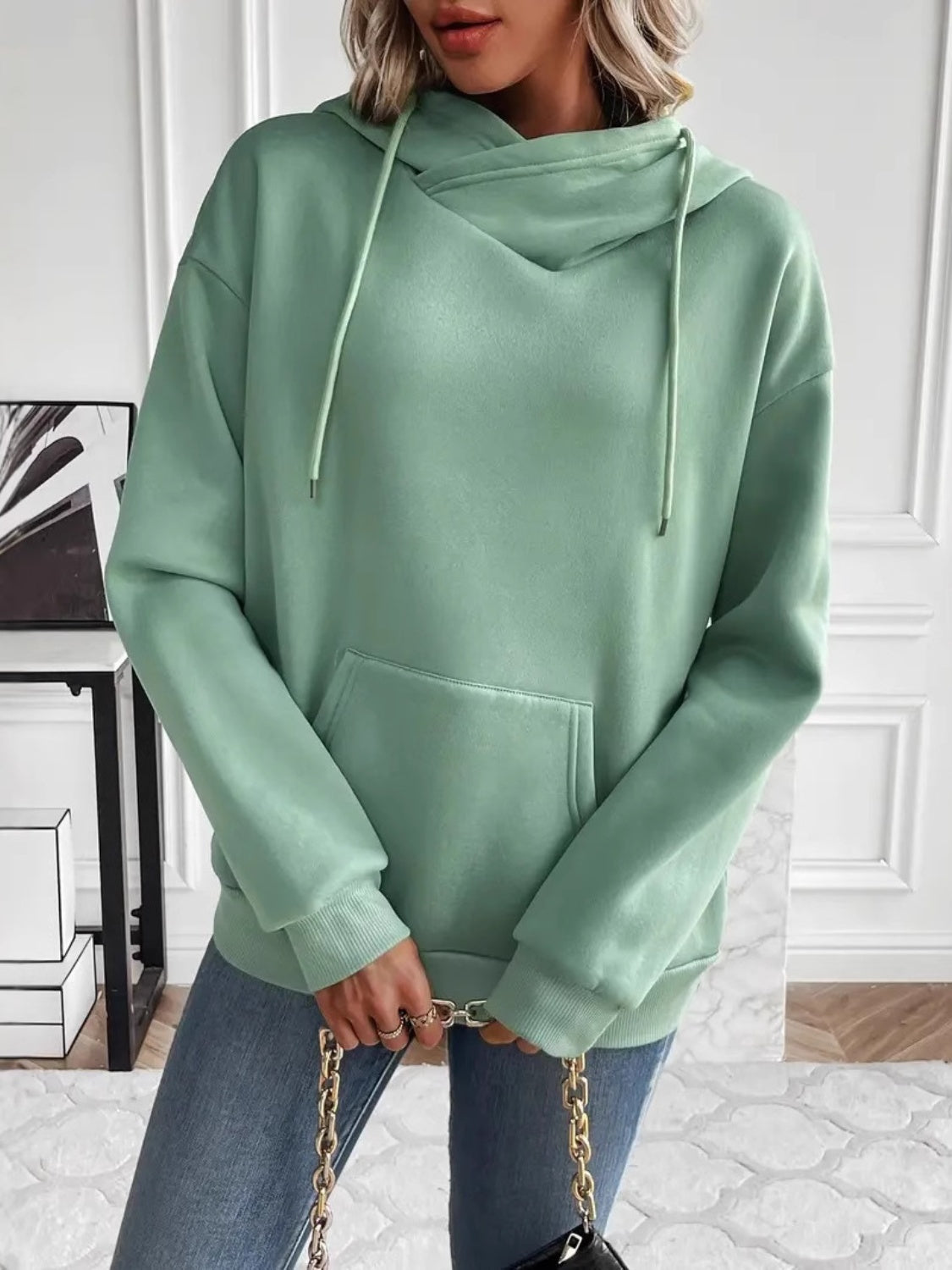 Drawstring Long Sleeve Hoodie with Kangaroo Pocket Green