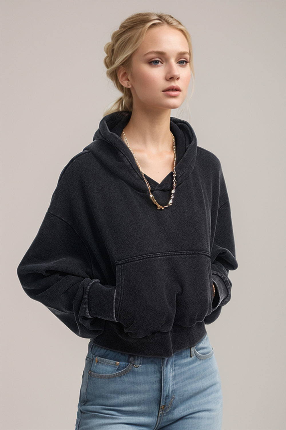 Basic Bae Kangaroo Pocket Long Sleeve Cropped Hoodie Black