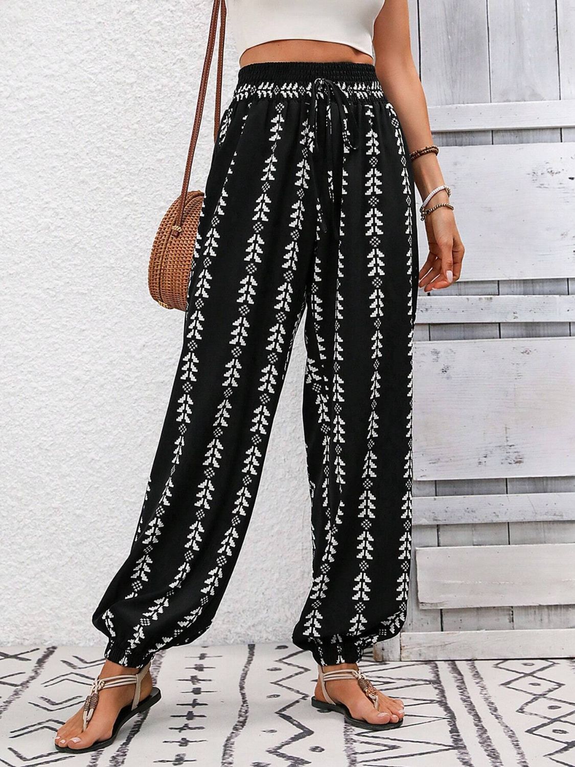 Tied Printed High Waist Pants Black