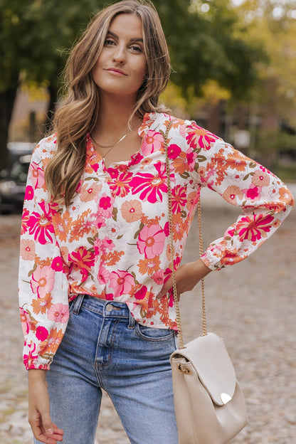 Floral V-Neck Frill Long Sleeve Blouse Floral