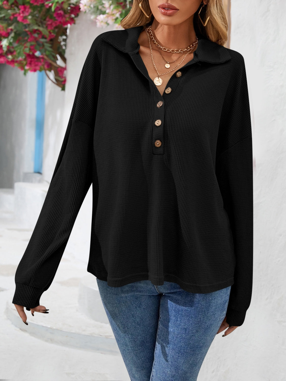 Half Button Collared Neck Long Sleeve Top Black