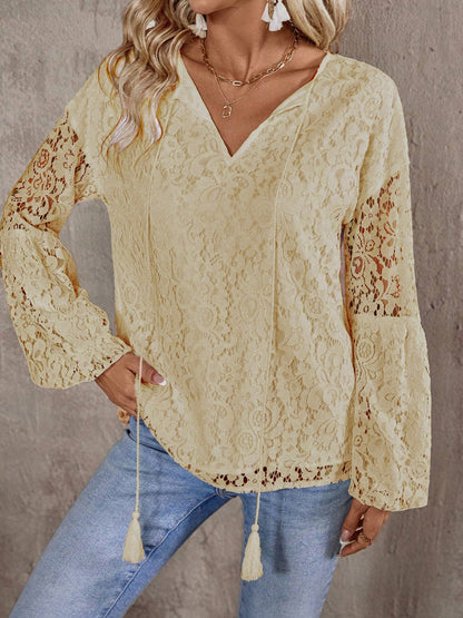 Lace Tie Neck Long Sleeve Blouse Tan