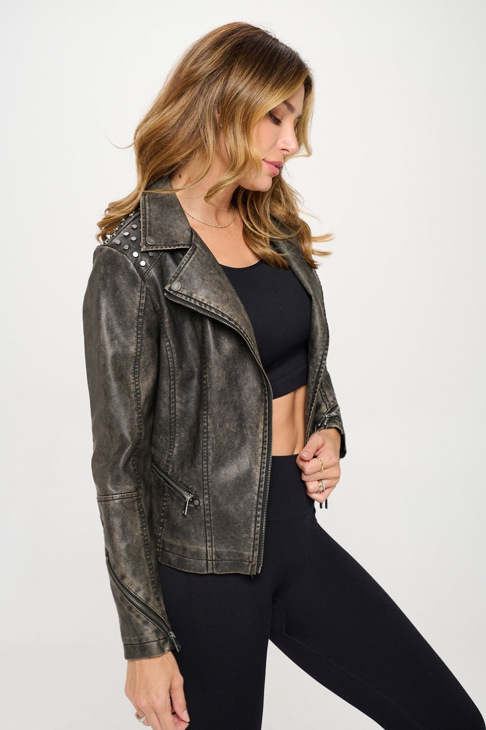 Women's Studded Faux Leather Moto Jacket