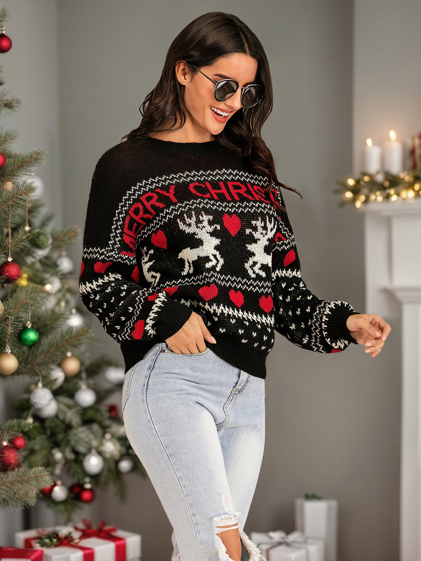 Perfee Christmas Element Round Neck Sweater Black