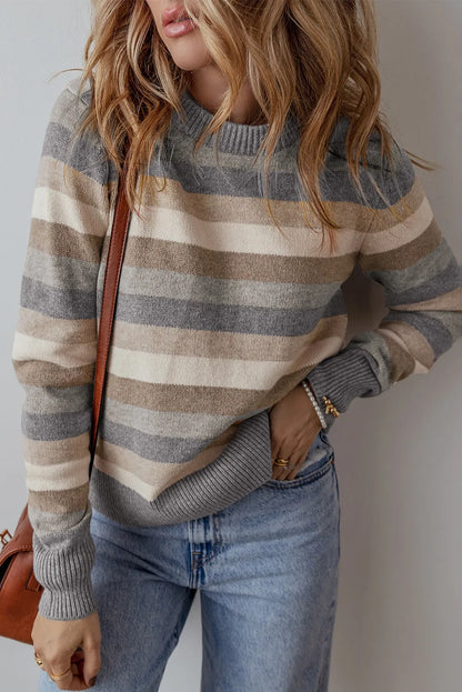 Striped Round Neck Long Sleeve Sweater Dark Gray