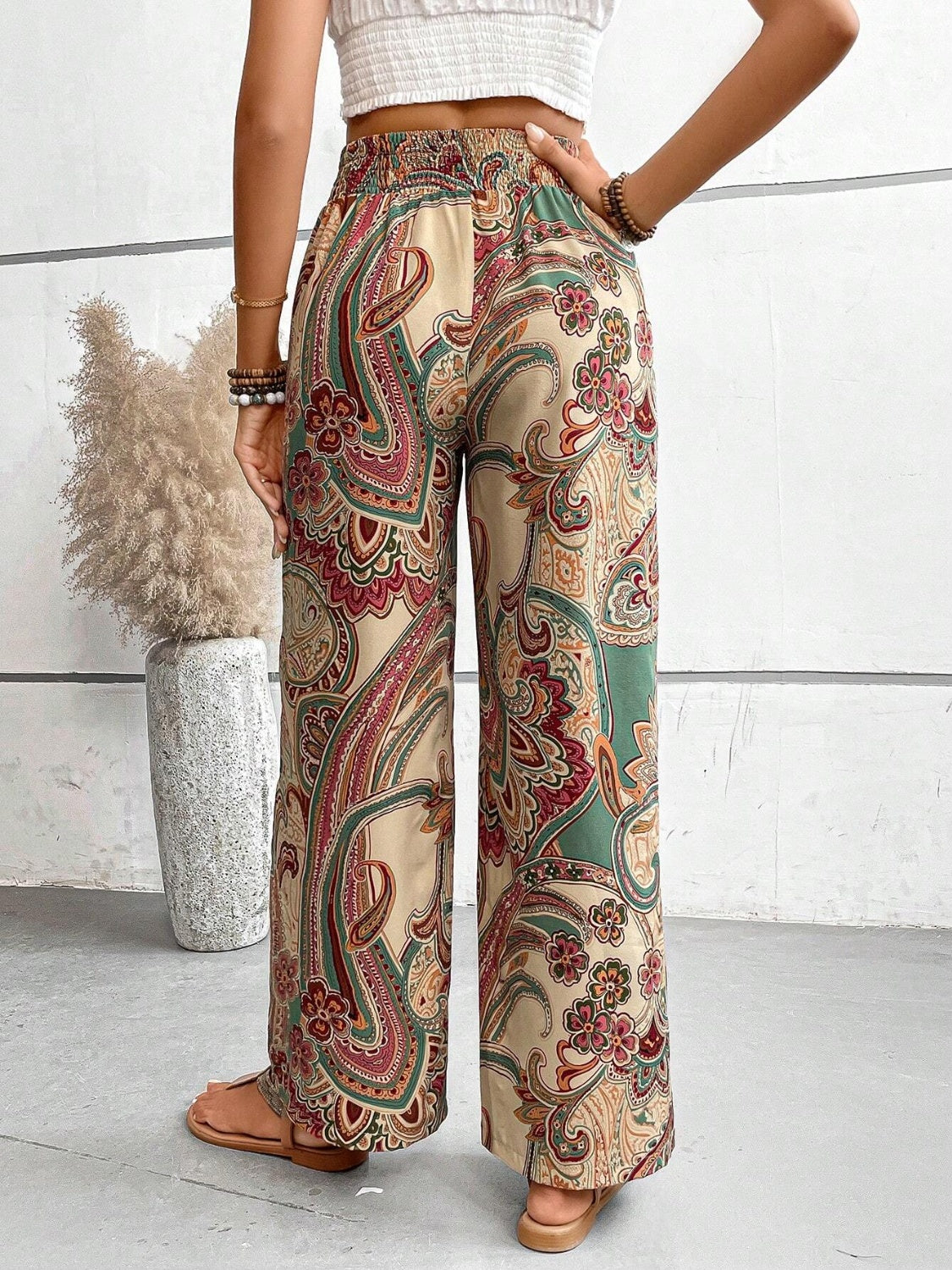 Tie Waist Printed Wide Leg Pants