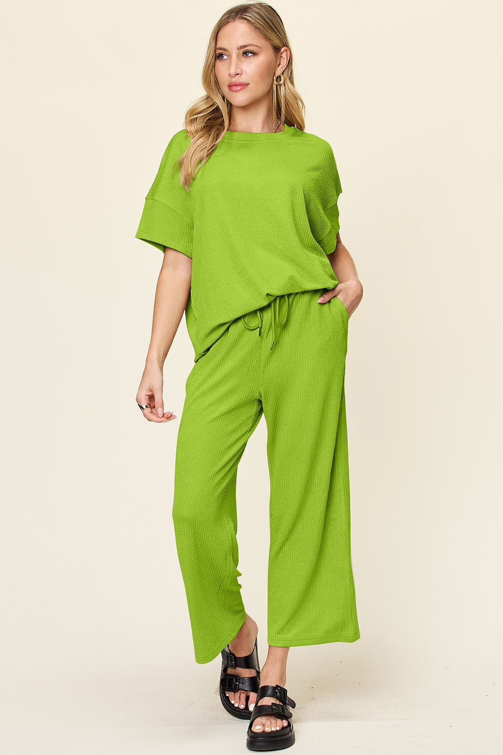 Textured Knit Top and Wide Leg Pant Set Lime