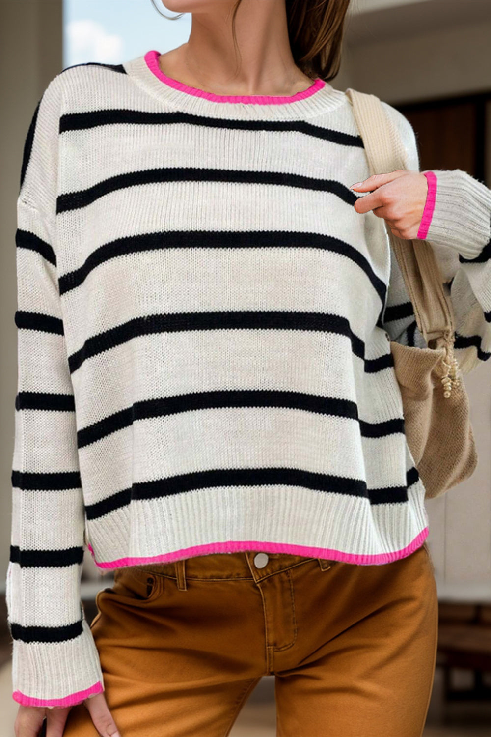 Striped Round Neck Long Sleeve Sweater White