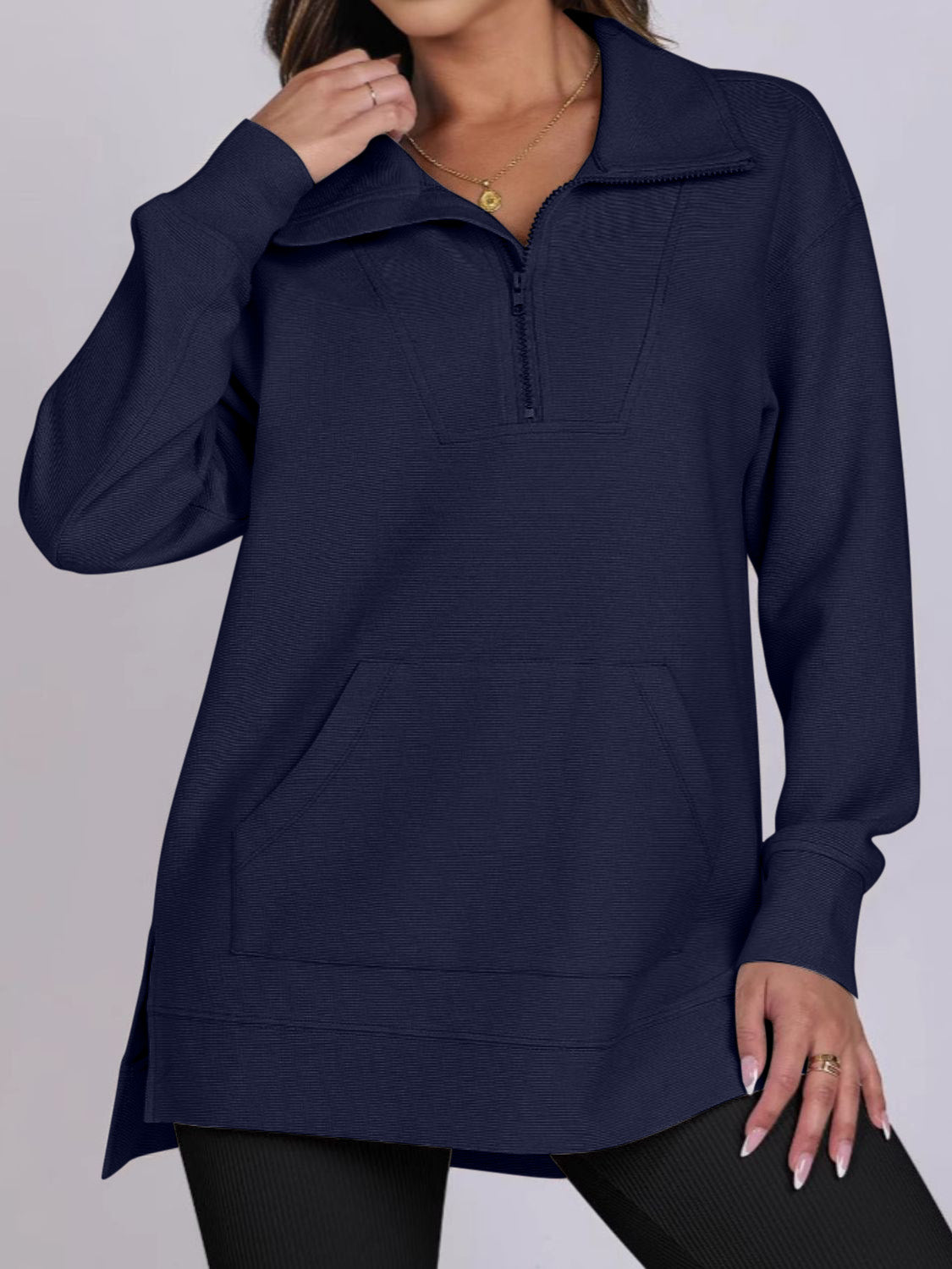 ฺHigh-Low Quarter Zip Long Sleeve Sweatshirt Dark Blue