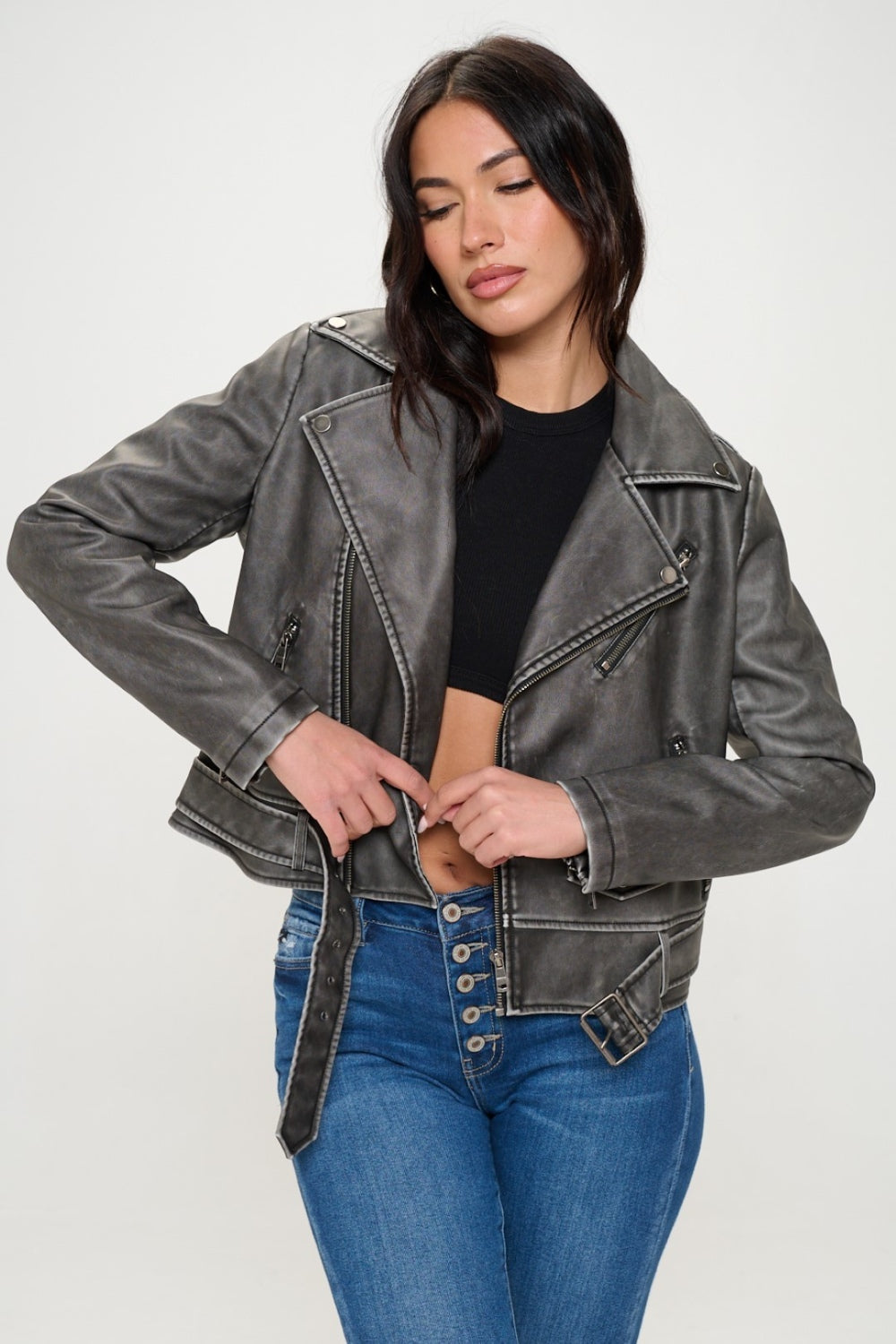 Vegan Leather Biker Jacket with Belt