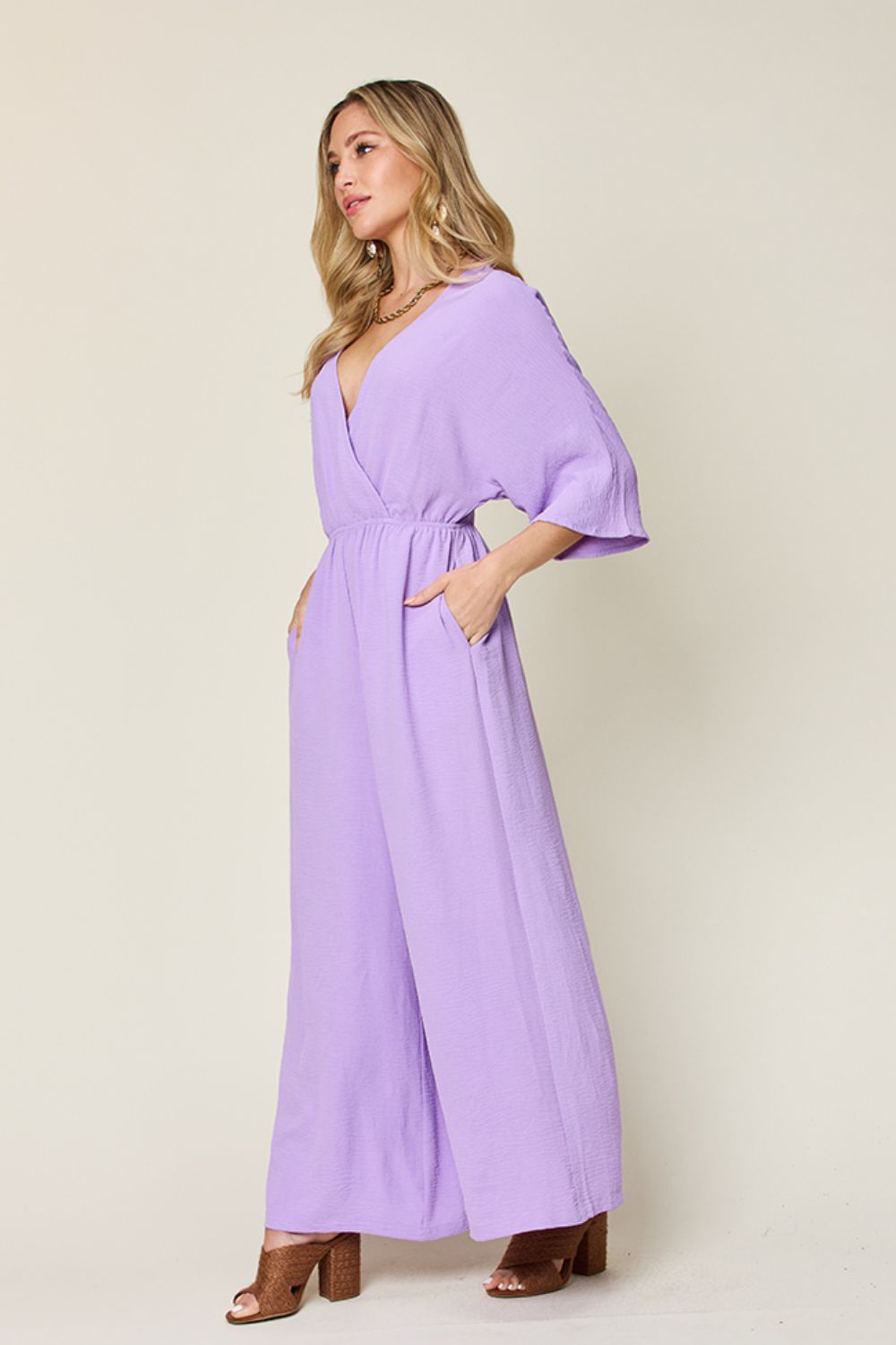 Tie-Waist Jumpsuit with Wide Legs and Short Sleeves