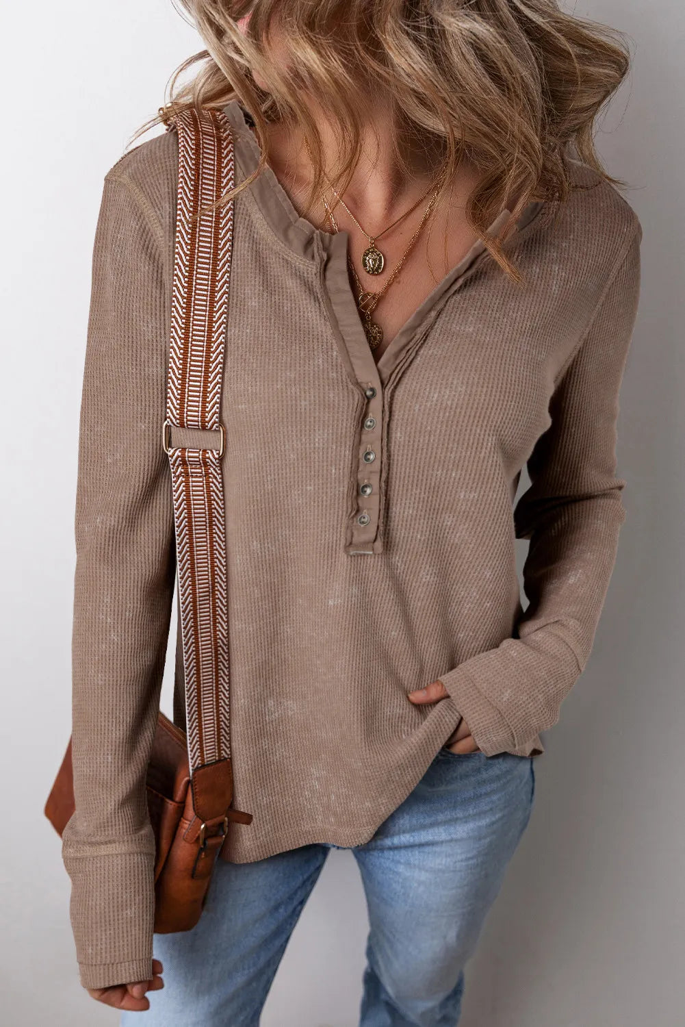 Notched Long Sleeve Top Taupe