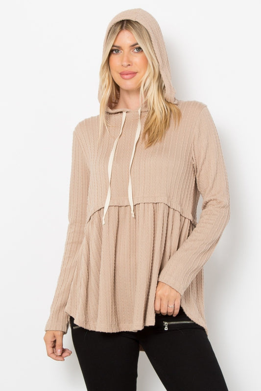 Be Stage Full Size Long Sleeve Peplum Cable Knit Hoodie Taupe