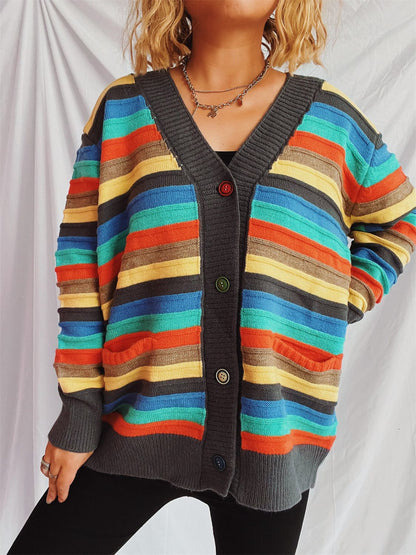 Contrast Stripes Button Up Long Sleeve Cardigan Dark Gray One Size