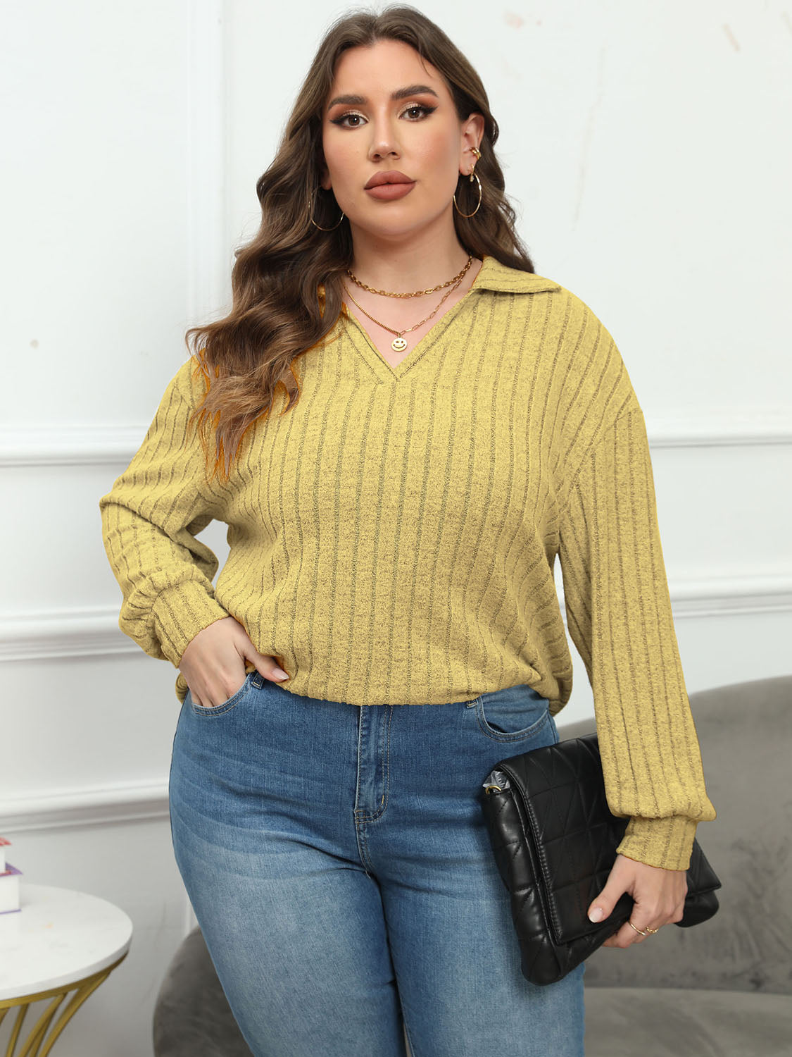 Plus Size Ribbed Collared Neck Long Sleeve Blouse Banana Yellow