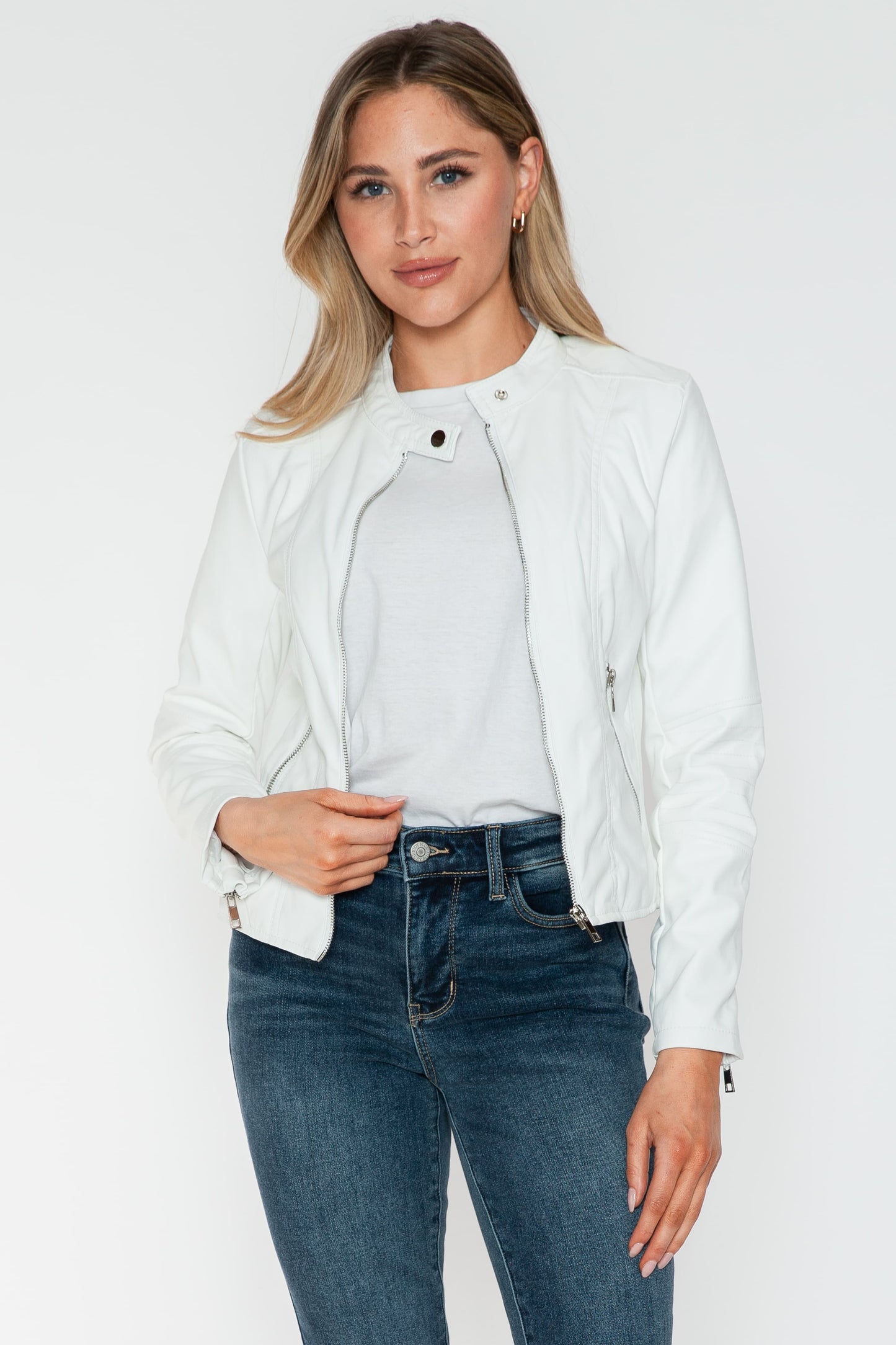 Snobbish PU Leather Zip Up Jacket with Pockets White