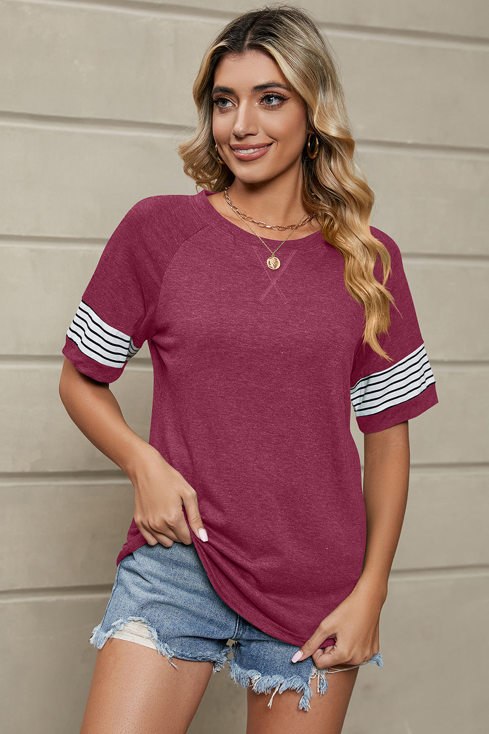 Striped Round Neck Short Sleeve T-Shirt Burgundy