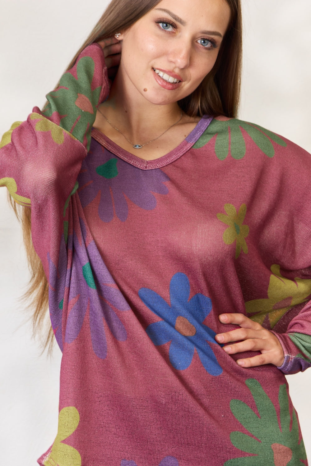 Hopely Full Size Floral V-Neck Long Sleeve Top