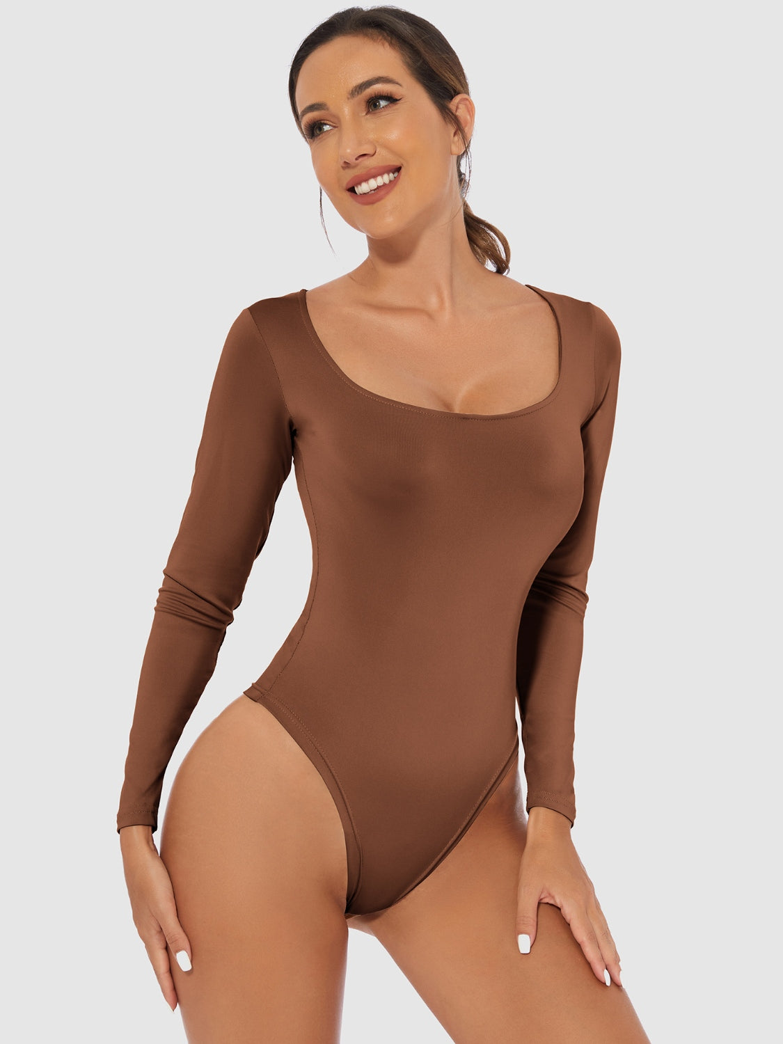 Full Size Scoop Neck Long Sleeve Bodysuit Brown