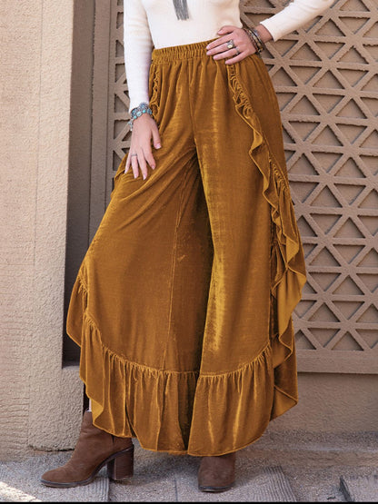 Slit Ruffled Wide Leg Pants Caramel