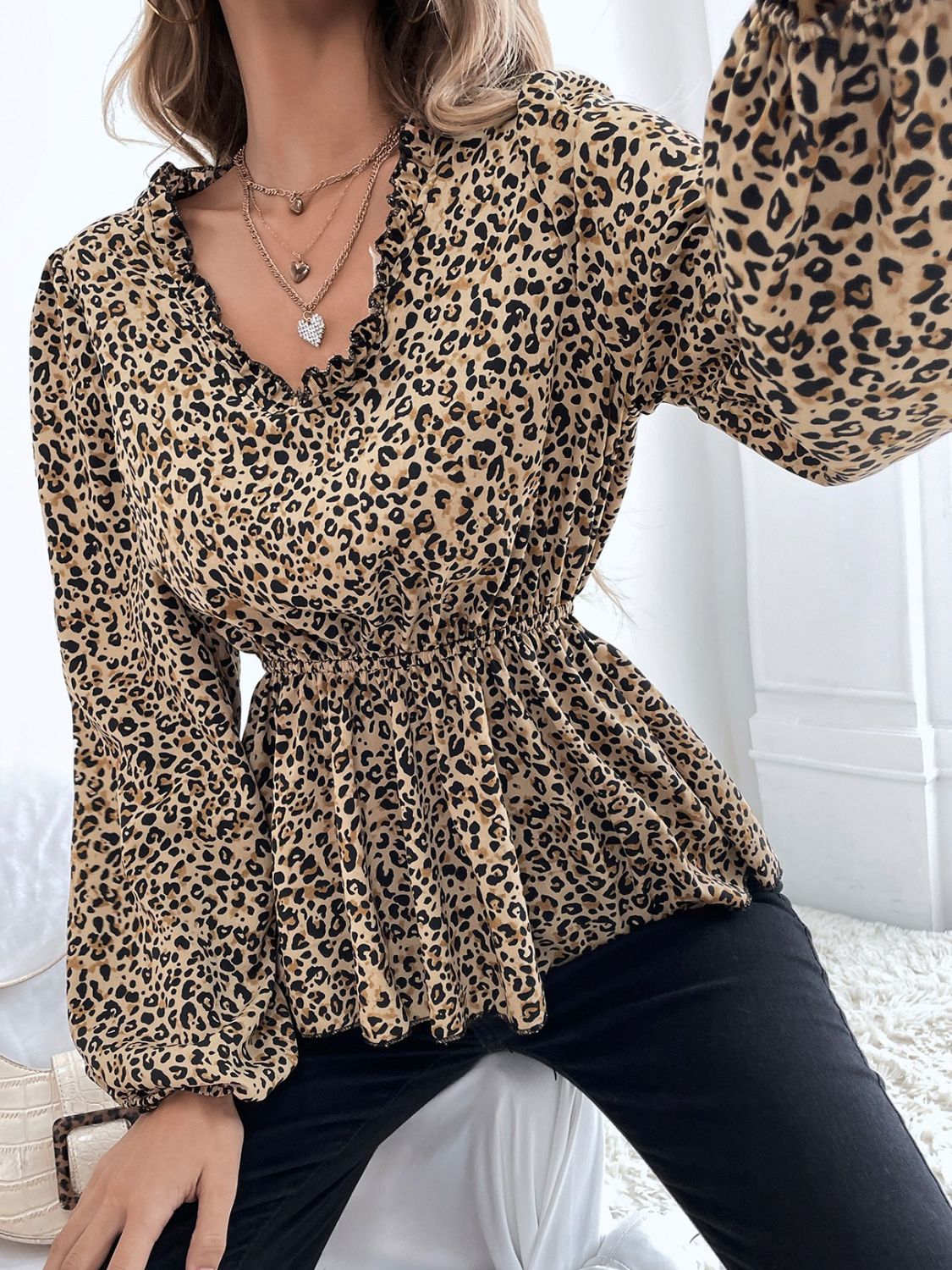 Frill Peplum Leopard V-Neck Long Sleeve Blouse