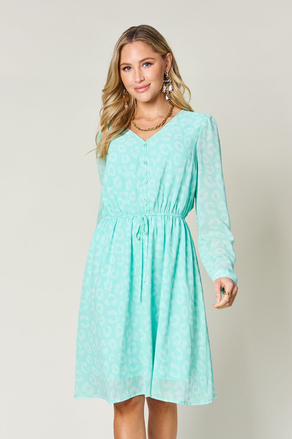 Printed Ruched V-Neck Long Sleeve Dress