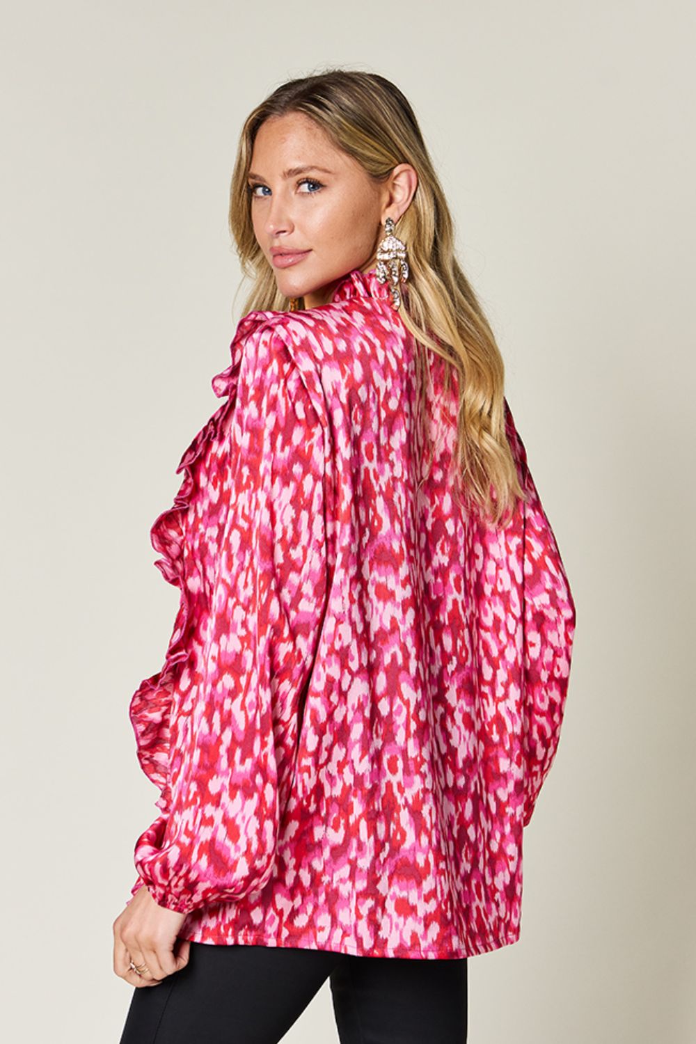 Printed Button-Down Top with Ruffle Balloon Sleeves