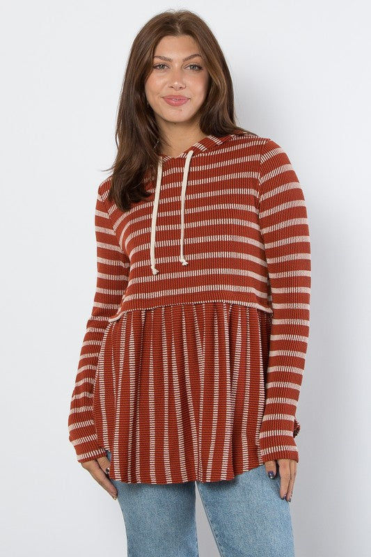 Be Stage Full Size Drawstring Striped Babydoll Hoodie Rust