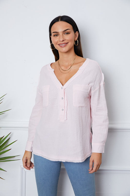 Texture Half Button Raw Hem Top Blush Pink