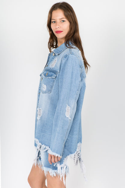 Women's Distressed Denim Jacket with Frayed Hem