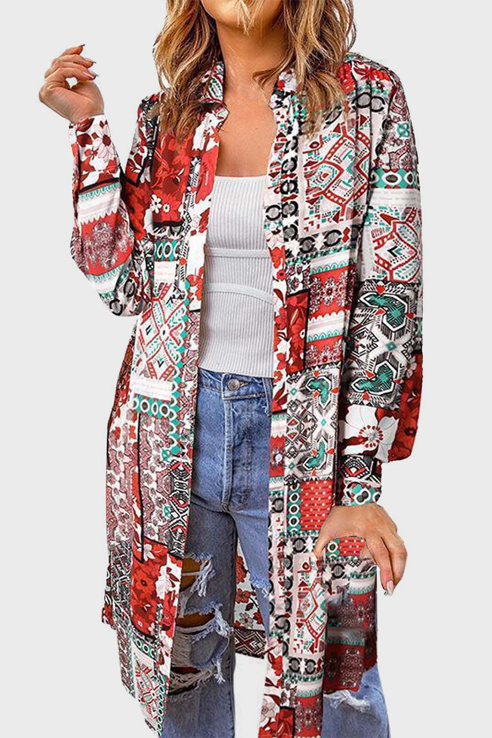 Printed Button Up Long Sleeve Cardigan Deep Red