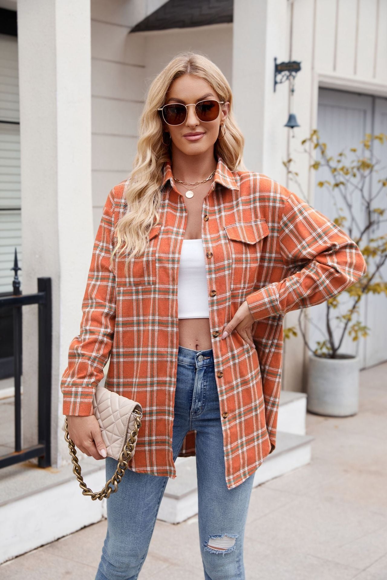 Classic Plaid Button-Down Shirt Orange