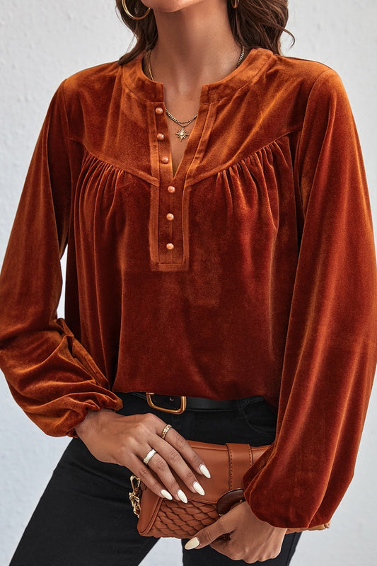 Ruched Decorative Button Notched Blouse Brown