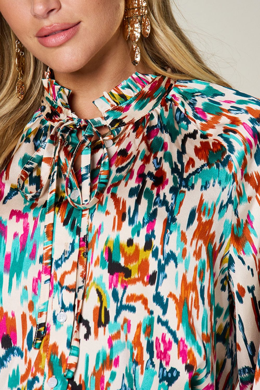 Printed Long Sleeve Button-Down Top