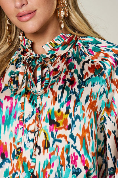 Printed Long Sleeve Button-Down Top