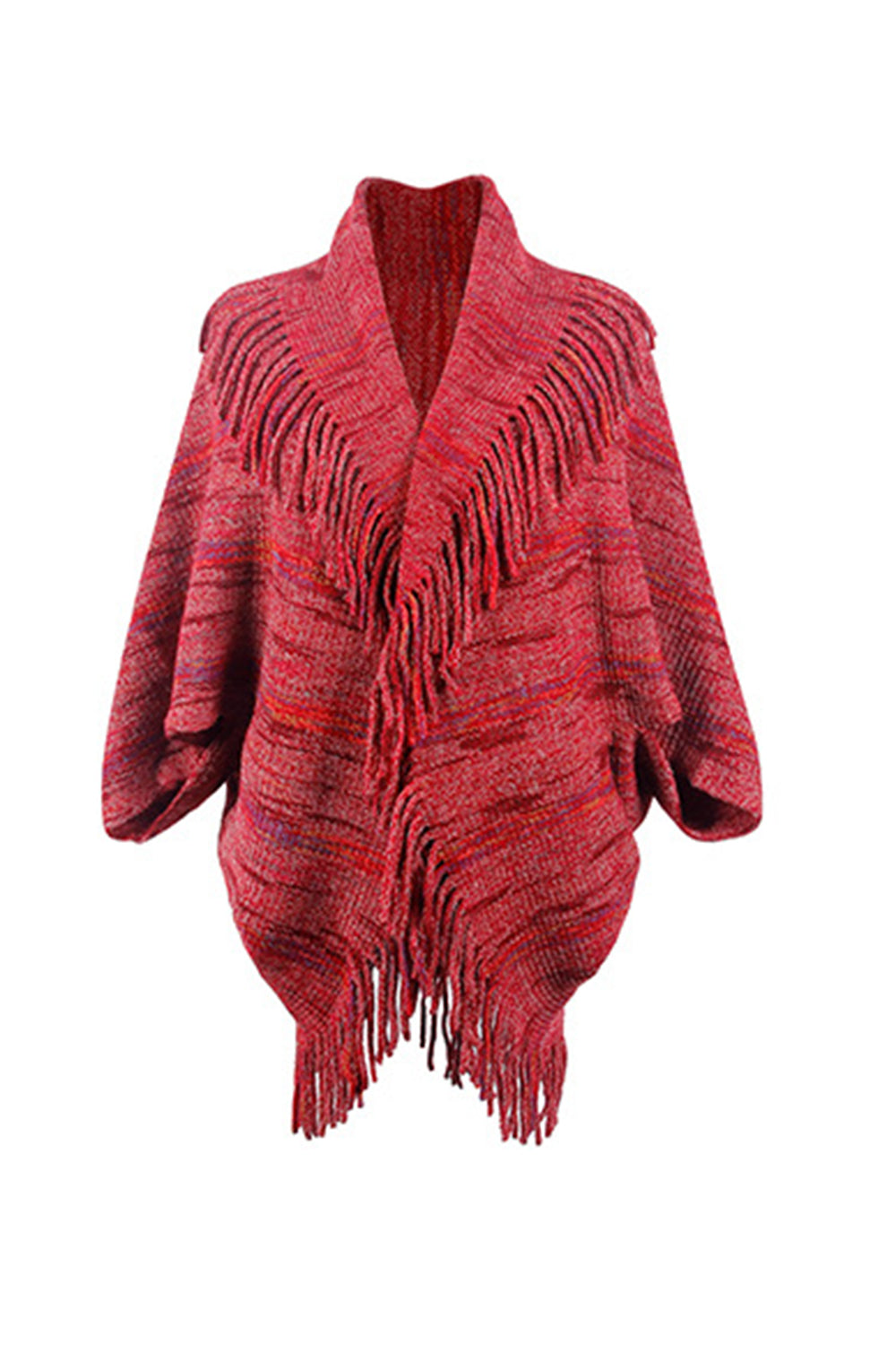 Fringe Detail Printed Poncho Wine One Size