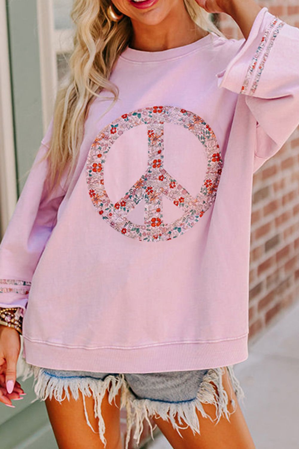 Peace Patch Round Neck Long Sleeve Top Dusty Pink