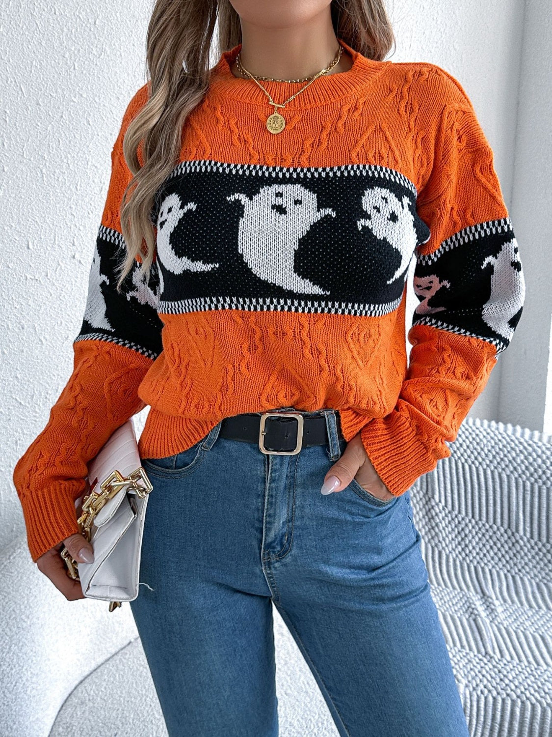 Ghost Round Neck Long Sleeve Sweater Orange