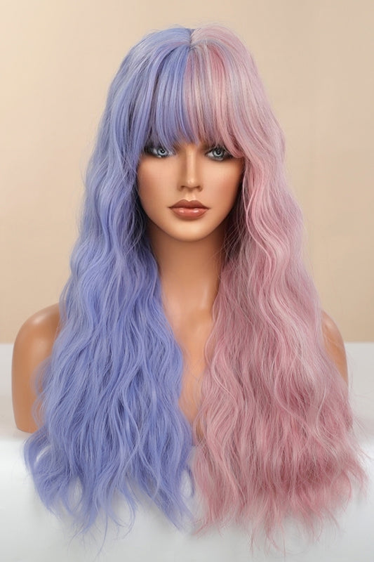 26" Long Wavy Blue & Pink Split-Dye Wig (Heat Resistant Synthetic) Blue Pink Split Dye One Size