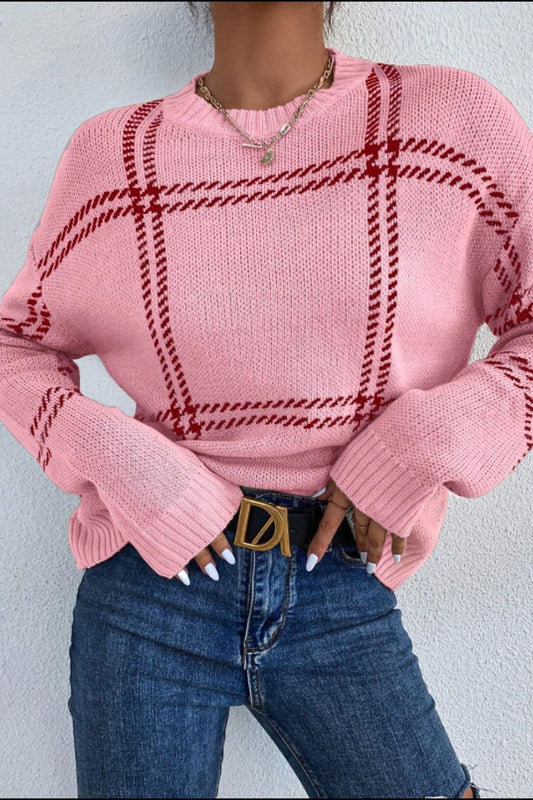 Contrast Round Neck Long Sleeve Sweater Blush Pink