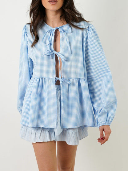 Tied Round Neck Long Sleeve Blouse Light Blue