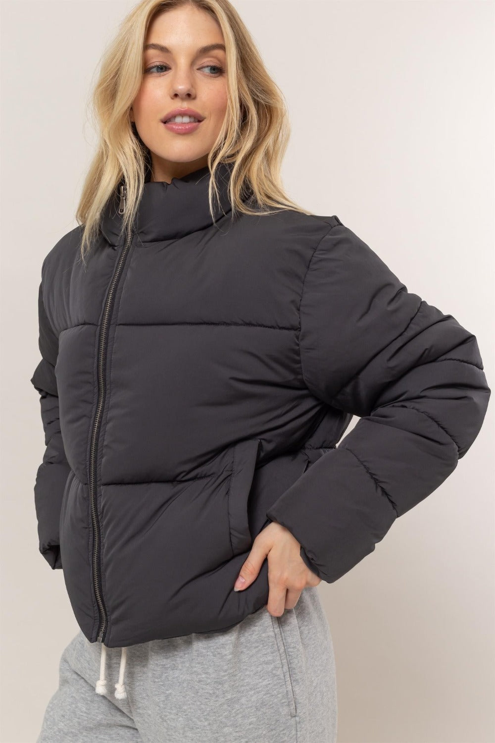 HYFVE Quilted Back Drawstring Puffer Jacket Black