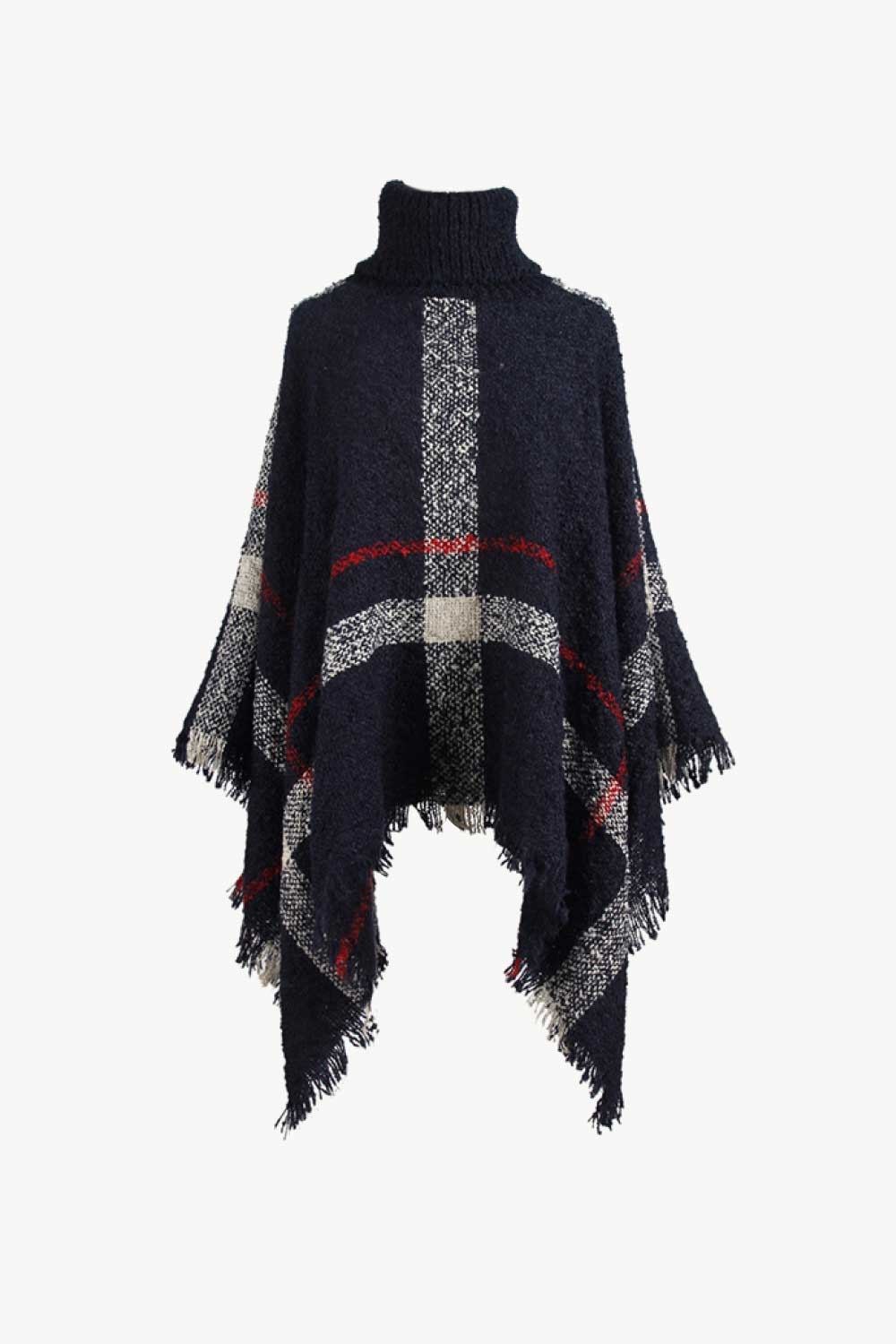 Plaid Turtleneck Raw Hem Poncho Navy One Size