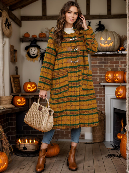 Plaid Long Sleeve Hooded Coat with Pockets Mustard