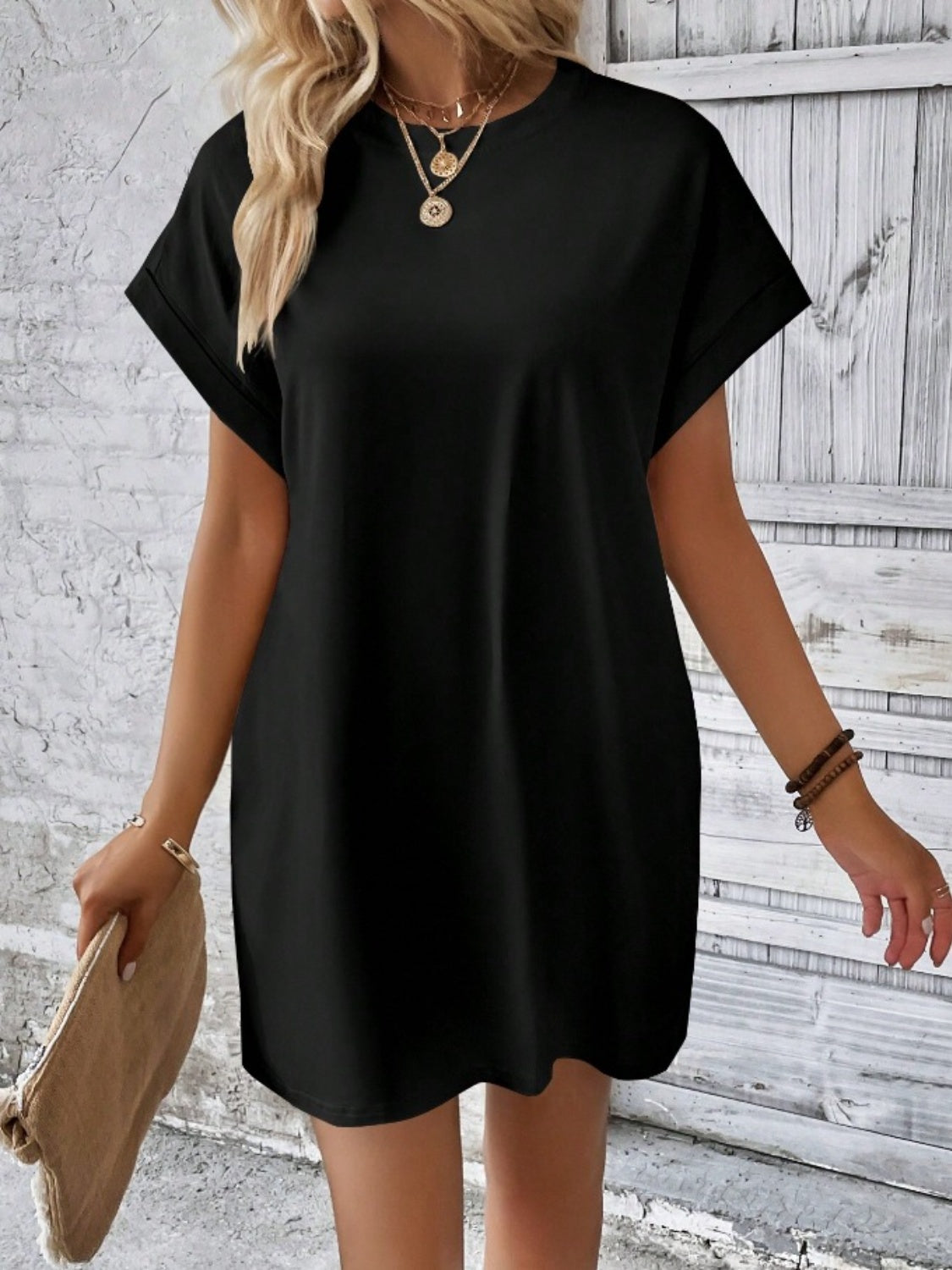 Casual Pocketed Round Neck Tee Dress