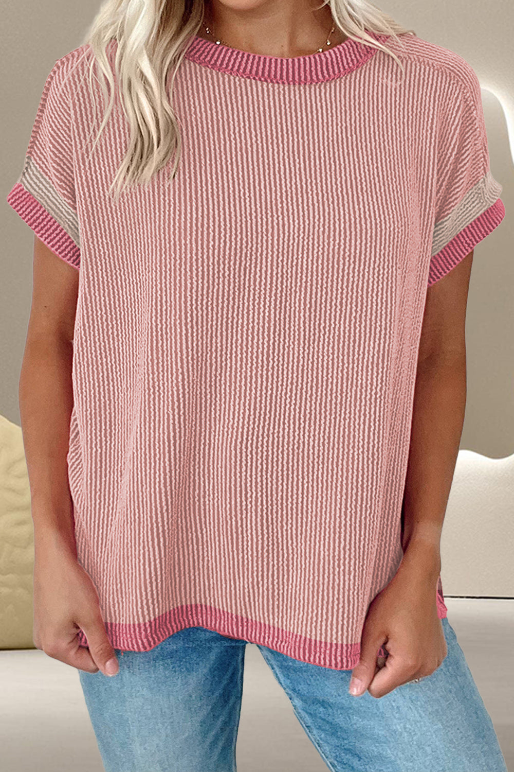 Color Block Round Neck Cap Sleeve T-Shirt Dusty Pink